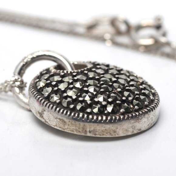 VINTAGE Marcasite Pave Disc Pendant Necklace 925 Sterling Silver ITALY Art Deco - Picture 13 of 16